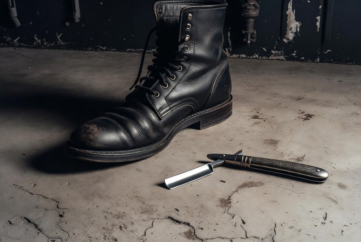 Boot and straight razor on concrete