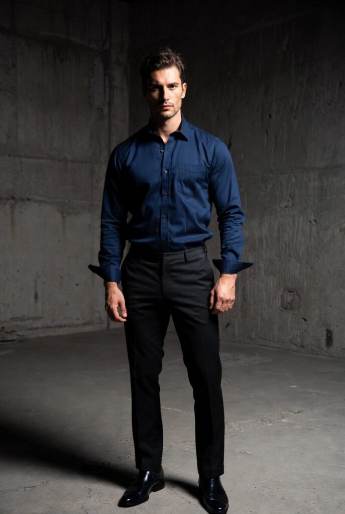 Man in perfectly fitted navy shirt and charcoal trousers with black oxfords on concrete — fit is king in men’s style