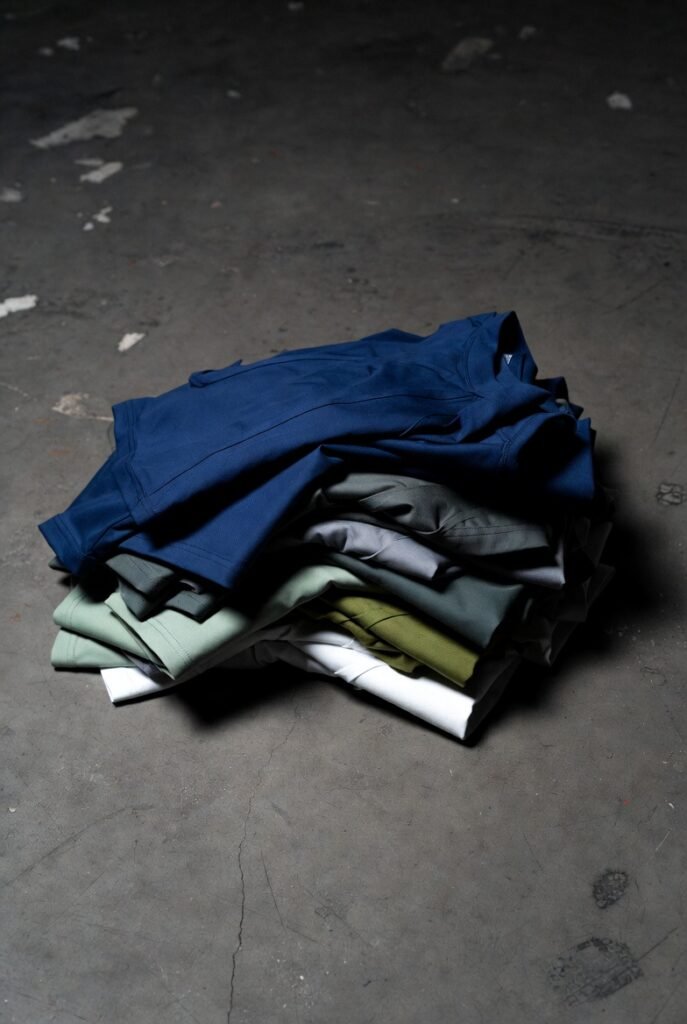 Folded navy, charcoal, and olive shirts on concrete — building from solid base colors