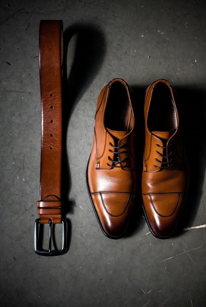 Well-worn brown leather belt next to matching brown dress shoes on concrete — belts match shoes