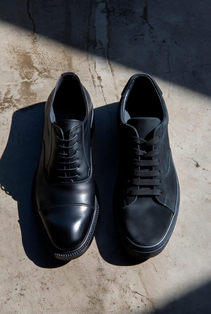 Black oxford shoes next to minimal dark sneakers on worn concrete — footwear for the mission