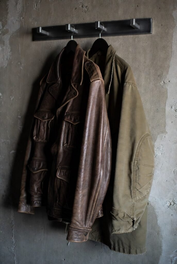Vintage worn leather jacket and canvas field jacket hanging on steel hook — built to last