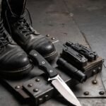 gear worn black leather boots fixed blade knife edc pocket dump