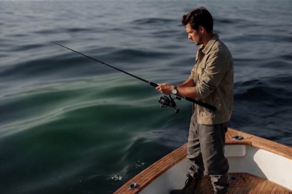 Man dressed for a clean, timeless ocean fishing outing standing on boat deck with simple analog watch visible. No fishing line. Natural ocean tones, minimalist high-contrast composition focused on quiet competence and practical style. No logos, no hype — pure signal.