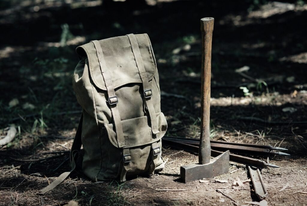 Used canvas backpack standing upright and packed next to a hammer-hatchet and ground stakes in a natural outdoor setting. Gritty, masculine camping and hiking gear focused on real usefulness and durability. No hype — just tools that work.