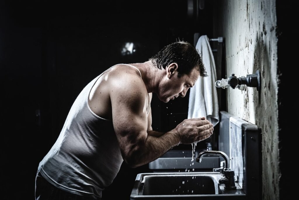 Rugged man practicing basic self-care by washing his face in a gritty concrete industrial setting. Dark moody high-contrast photography focused on masculine discipline and fundamentals. No fluff — pure signal.