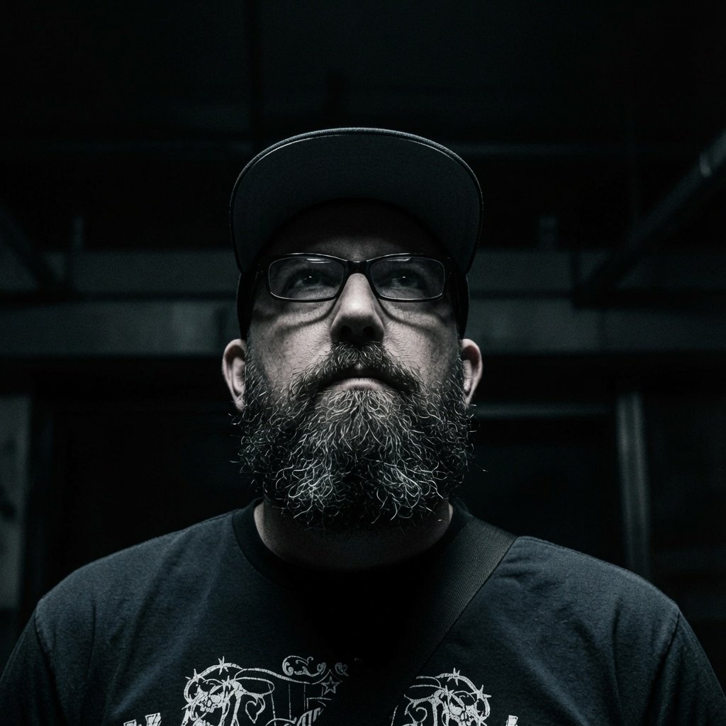Gritty high-contrast portrait of Mitch Morris, founder of Signal Not Noise. Dark masculine aesthetic, raw competence, beard and determined presence.
