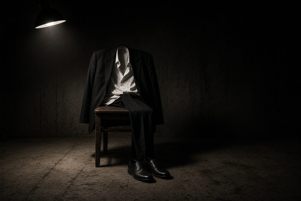 Empty dark suit on a wooden chair in a hard-lit room, no wearer, concrete floor.